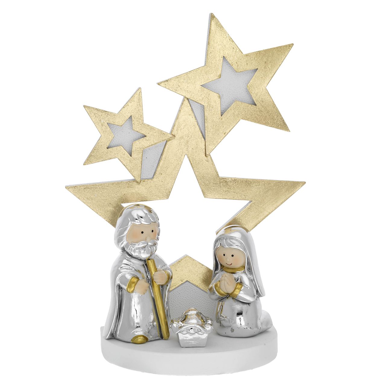 ALBERO 3 STELLE STILIZZATO BIANCO/ORO H. 26 CON PRESEPE